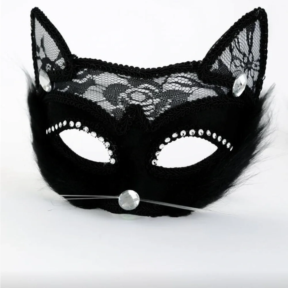 Black Cat Lace Mask with Rhinestones